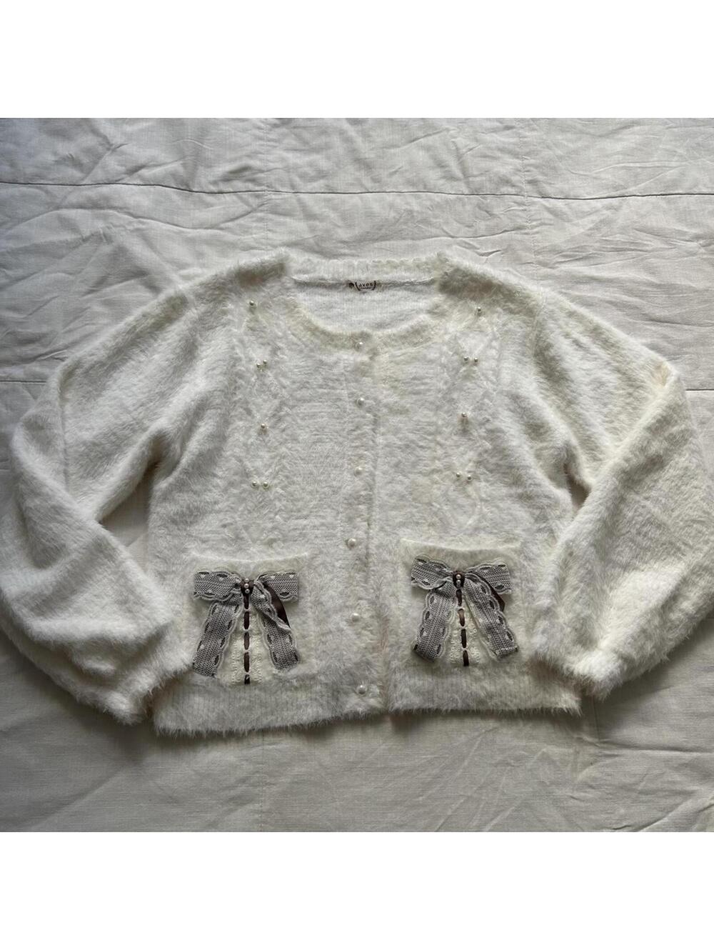 Axes Femme Ivory Fluffy Pearl Bow Cardigan Himekaji M Japan